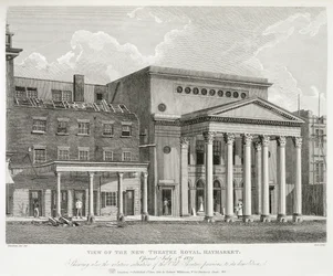 Veduta del Nuovo Teatro Reale, Haymarket, a Londra, Aperto il 4 luglio 1821, Mostrando anche la Situazione Relativa del Vecchio Teatro Prima della sua Demolizione, inciso da Dale, 1822